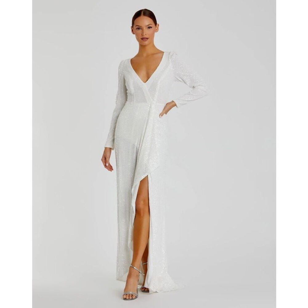 Ieena Mac Duggal Faux Wrap Long Sleeve Sequin Gown Size 6